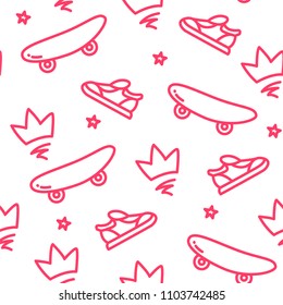 Summer pattern with skateboard, crown and sneakers on white background. Ornament for textile and wrapping. Vector.
