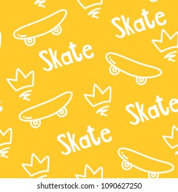 Summer pattern with skateboard, crown and text on yellow background. Ornament for textile and wrapping. Vector.