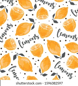 Summer pattern with sliced lemons. Vector illustration. Watercolor lemon fruit with leaves pattern on dark background. Lemon citrus tree. 