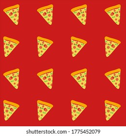 Patrón de verano con dibujos animados de pizza en rodajas. Patrón sin foco. Diseño plano. Fondo rojo para la comida rápida e ícono de la comida chatarra.