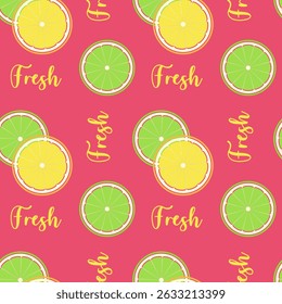 Summer pattern with slices of citrus halves and lettering Fresh, on bright red background, slices of lemon and orange. Packaging, wallpaper, backdrop, background.