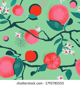 Summer pattern with slices and whole citrus. Vector illustration. Fresh grapefruit isolated on green background. Citrus pattern. grapefruit juicy wallpaper. Fresh background collection. Pop art
