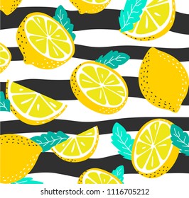 Summer pattern with slices and whole lemons. Lemons on a striped background. Vector illustration. 