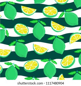 Summer pattern with slices and whole lemons. Lemons on a striped background. Vector illustration. 