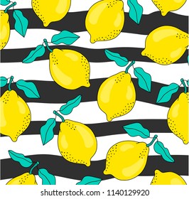 Summer pattern with slices and whole lemons. Lemons on a striped background. Vector illustration. 