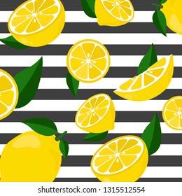 Summer pattern with slices and whole lemons. Lemons on a striped background. Vector illustration.