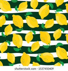 Summer pattern with slices and whole lemons. Lemons on a striped background. Vector illustration. 