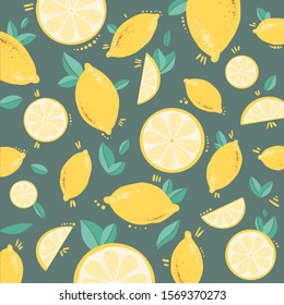 Summer pattern with slices and whole lemons. Vector illustration. Fresh yellow color lemon isolated on green background. Citrus pattern. Lemon juicy wallpaper. Summer fresh background collection.
