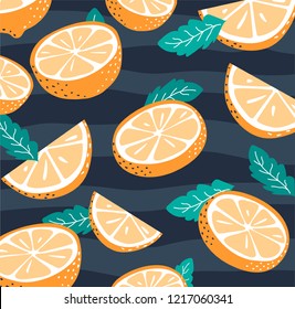 Summer pattern with slices and whole 
orange. Vector illustration of bright colored citrus fruits in cartoon flat style.