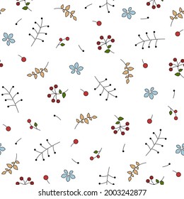 Summer pattern with small flowers and leaves of red, yellow, blue and green colors