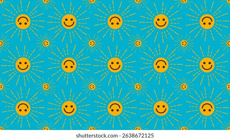 summer pattern, smiling sun, flat color illustration