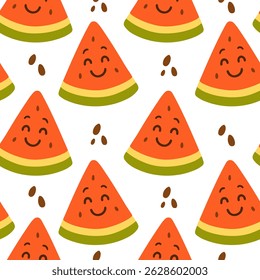 Summer pattern with smiling watermelon slices and scattered seeds. Cute summer fruit background in flat cartoon style, for kids designs, fabric and wrapping paper