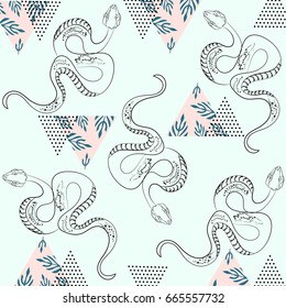 Summer pattern with snakes,palm leaves and textured triangles.Geometric abstract summer pattern.For textile,texture,prints,wallpaper,web and interior design.Vector illustration.