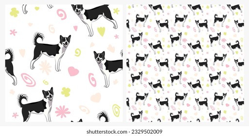 Summer pattern with spirals, leaf, flowers and Canaan dogs. Bright colors. Elegant, soft seamless background, abstract summer pattern with hand-drawn colorful shapes. Delicate, gender-neutral.