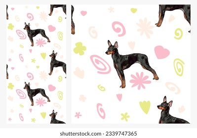 Summer pattern with spirals, leaf, flowers and English toy terrier. Bright colors. Elegant, soft seamless background, abstract summer pattern with hand-drawn colorful shapes. Delicate, gender-neutral.