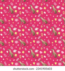 Summer pattern with spirals, leaf, flowers and whippet dogs. Bright colors. Elegant, soft seamless background, abstract summer pattern with hand-drawn colorful shapes. Delicate, gender-neutral.