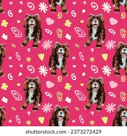 Summer pattern with spirals, leaf, flowers and sitting dogs. Bright pink colors. Elegant, seamless background, abstract pattern with hand-drawn colorful shapes and cocker spaniel in laying poses.