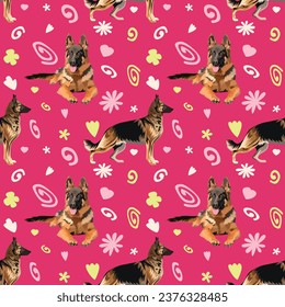 Summer pattern with spirals, leaf, flowers and sitting dogs. Bright pink colors. Elegant, seamless background, abstract pattern with hand-drawn colorful shapes and german shepherd in laying poses.