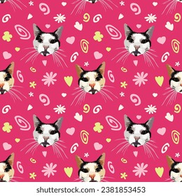 Summer pattern with spirals, leaf, flowers and cat heads. Bright pink colors. Elegant, seamless background, abstract pattern with hand-drawn colorful shapes and kittens with whiskers. Childish style.