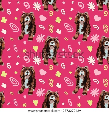 Summer pattern with spirals, leaf, flowers and sitting dogs. Bright pink colors. Elegant, seamless background, abstract pattern with hand-drawn colorful shapes and cocker spaniel in laying poses.