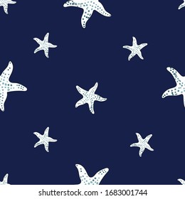 Summer pattern  with  starfish shape in shades of white, aqua and turquoise green on marine blue background. Seamless vector pattern.