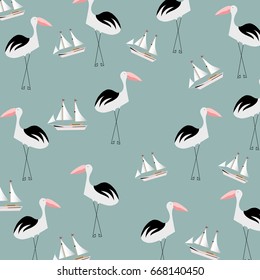 Summer pattern with storks and ships.Vintage,abstract pattern,background for textile,texture,prints,wallpaper,web and interior design.Vector illustration.