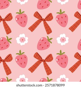 Summer pattern with strawberries, bows and flowers on a pink background.