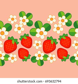 Summer pattern with Strawberries and Flowers. Strawberry background. Textile rapport.