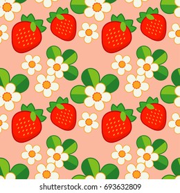 Summer pattern with Strawberries and Flowers. Strawberry background. Textile rapport.