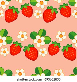 Summer pattern with Strawberries and Flowers. Strawberry background. Textile rapport.