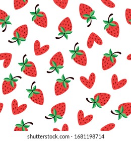 Summer pattern with strawberries and hearts. Seamless vector background.