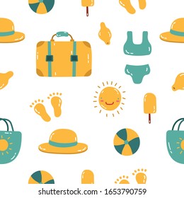 Summer pattern of a suitcase, bag, hat, footprints, bag and ball. Simple flat vector cartoon illustration.