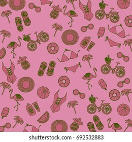 Summer pattern with summer,beach symbols.Travel and tourism icons. Flamingo,sunglasses,swimwear,palm,hat,flip flop etc.For textile,fabric,wallpaper,t-shirt and decor design.Vector illustration.