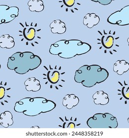 Summer pattern sun and clouds, vector illustration, cheerful doodle seamless texture, bright childish blue and yellow colors, handwritten elements. Suitable for printing on fabric, paper, dishes.