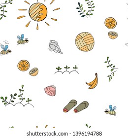 Summer pattern. Sun, flower plant elements, flies, shells, citrus fruits, bananas, beach shoes. Web, wrapping paper, textile, background.