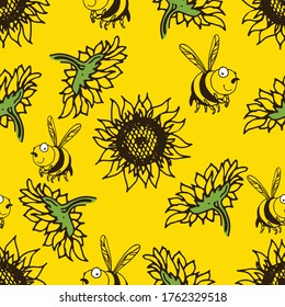 Summer pattern with sunflowers and bees that collect nectar. Bees toilers. Seamless pattern. Can be used as patterns for wallpapers, textiles, backgrounds. Cartoon graphics.