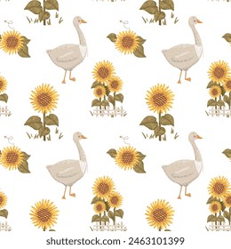 summer pattern sunflowers and goose character on a white background. vector illustration in cute style