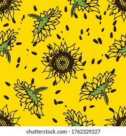 Summer pattern with sunflowers and sunflower seeds. Harvest a sunflower. Seamless pattern. Can be used as patterns for wallpapers, textiles, backgrounds. Cartoon graphics.