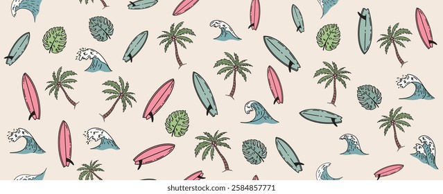 Summer pattern with surfboard and wave, hand drawn illustration.	