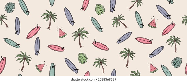 Summer pattern with surfboard and wave, hand drawn illustration.	