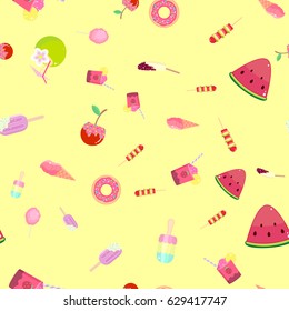 Summer pattern with sweets, fruits, cocktails, ice cream and donuts on yellow background.
