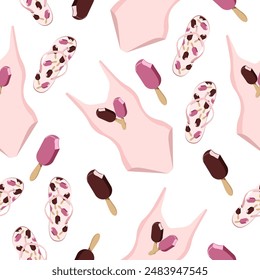 Summer pattern swimsuit,popsicle ice cream,beach flip flops on a white background.Vector seamless pattern for textiles,wallpaper,summer designs.