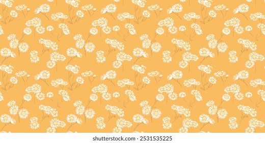 Summer pattern with tiny branches flowers chamomile on a vintage orange background. Abstract artistic wild floral seamless print. Vector hand drawing sketch. Design for fashion, fabric, textiles