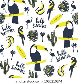 Summer pattern. Toucan, parrot, flamingo  and exotic leaves. Vector illustration