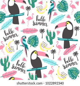 Summer pattern. Toucan, parrot, flamingo  and exotic leaves. Vector illustration