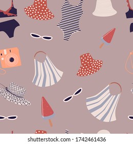 Summer pattern with trendy accessories, white-framed sunglasses, red polka-dot hat, black and white striped swimsuit, watermelon ice cream, vintage camera, white blue striped bag. Retro. Vector.