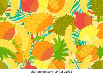 Summer pattern with tropical, exotic fruits and leaves. Bright fruits pineapple, banana, lemon, durian, kiwano, pomegranate on yellow background. Vector illustration.