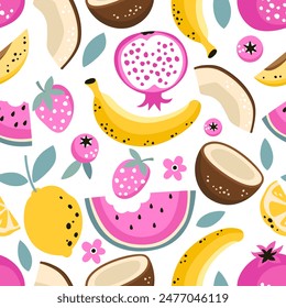 Summer pattern with tropical fruits. Background for kitchen decor, paper, textile design. Vector illustration
