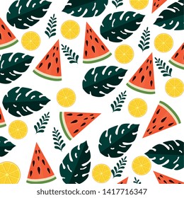 summer pattern with tropical fruits and leafs plants