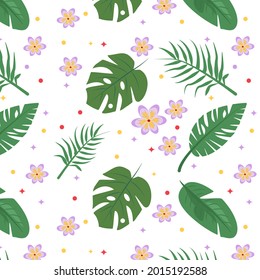 Summer pattern with tropical leaves and flowers. illustration in flat style.